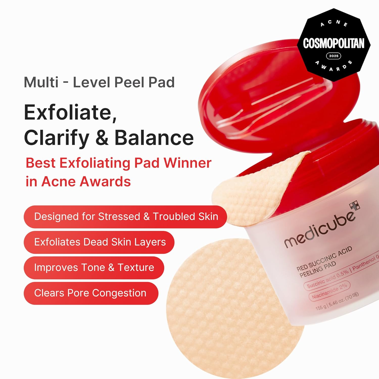 [Medicube] Discos exfoliantes de ácido succínico Red 70 unidades